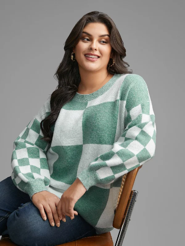 Plaid Crew Neck Drop Shoulder Pullover