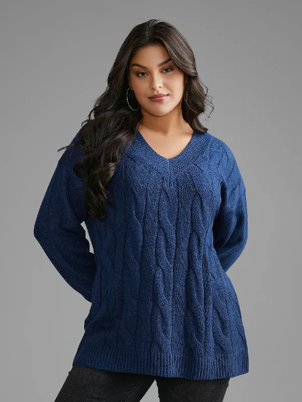 V Neck Cable Knit Texture Pullover